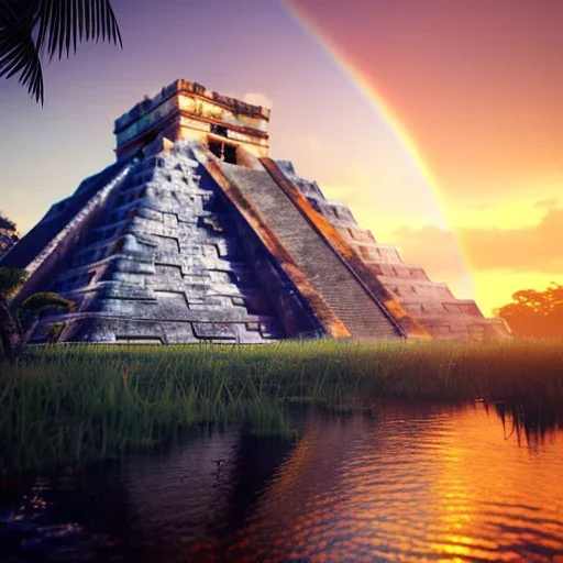 Chichen Itza, sunset, rainbow sunset, waterfall palms twigs spring sunset rainbow bridge birds unreal engine 5, realistic, hyper detailed, 8k