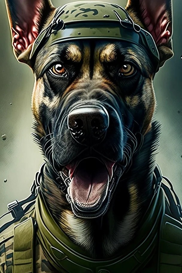 A soldier dog dressed in military combat uniform, digital illustration portrait, dog's face is snarling, aggressive, angry, Craig Miller , futuristic, pulp fiction graphic novel style, hyperrealism, photorealism