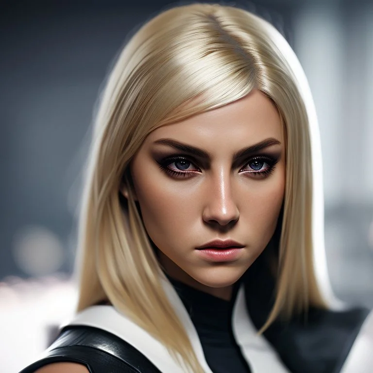 Photorealistic headshot of a fierce blonde assassin