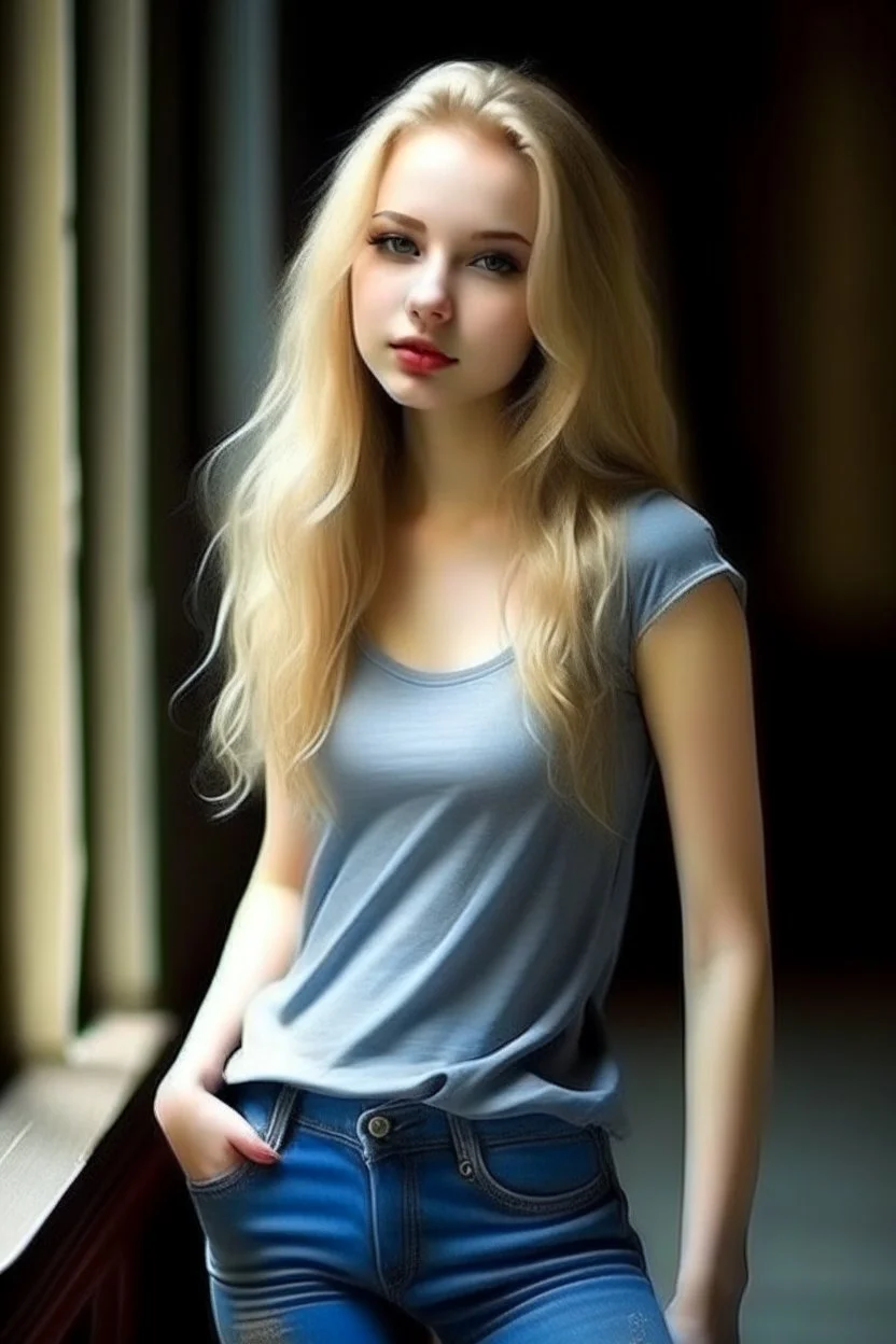 pretty girl, aged 18, blonde, conventionally attractive, dreamy, full body, jeans, tight top