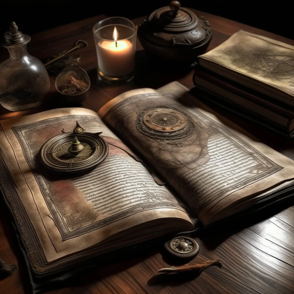 un grimoire ouvert posée sur une table, fantasy style