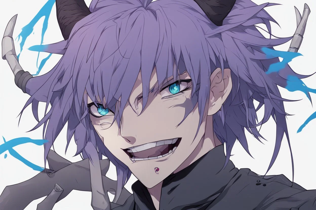 anime man with horns, fangs, messy purple hair and blue eyes