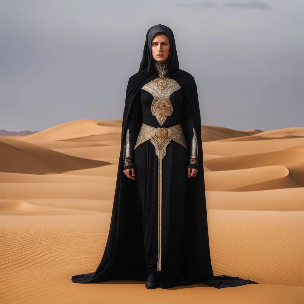 The Bene Gesserit stands amidst the unforgiving desert, adorned in a stillsuit