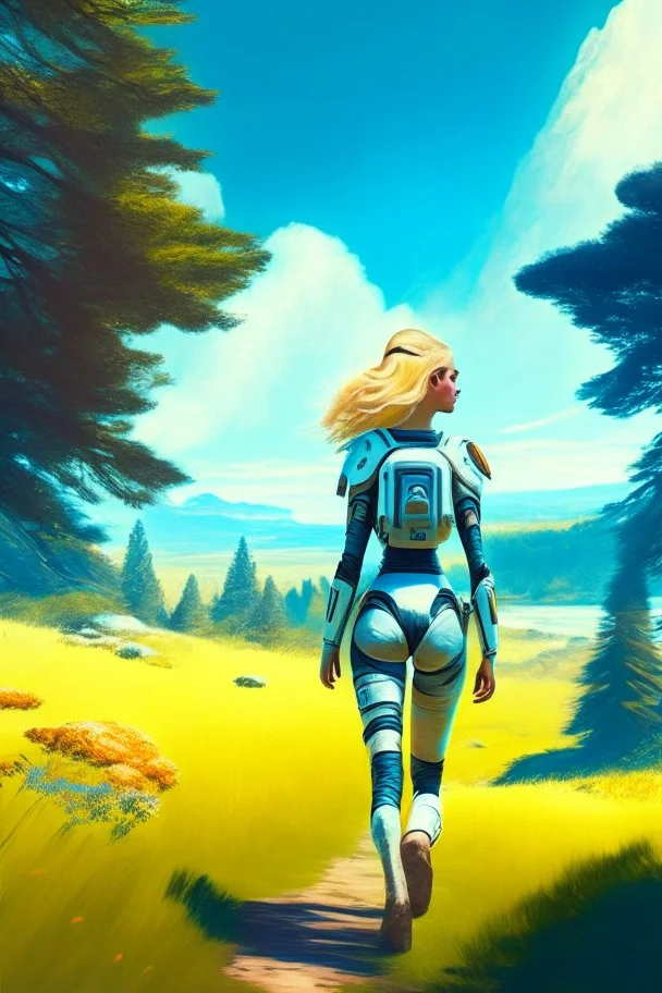 woman in a skin tight spacesuit, with blond hair in a pigtail, walking towards a spaceship, back to the camera, on a path, wooded landscape in the distance, blue sky