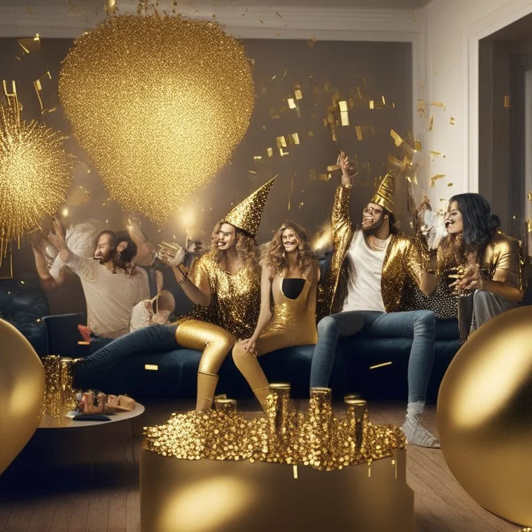 A picture of partying people in a living room with gold party decoration