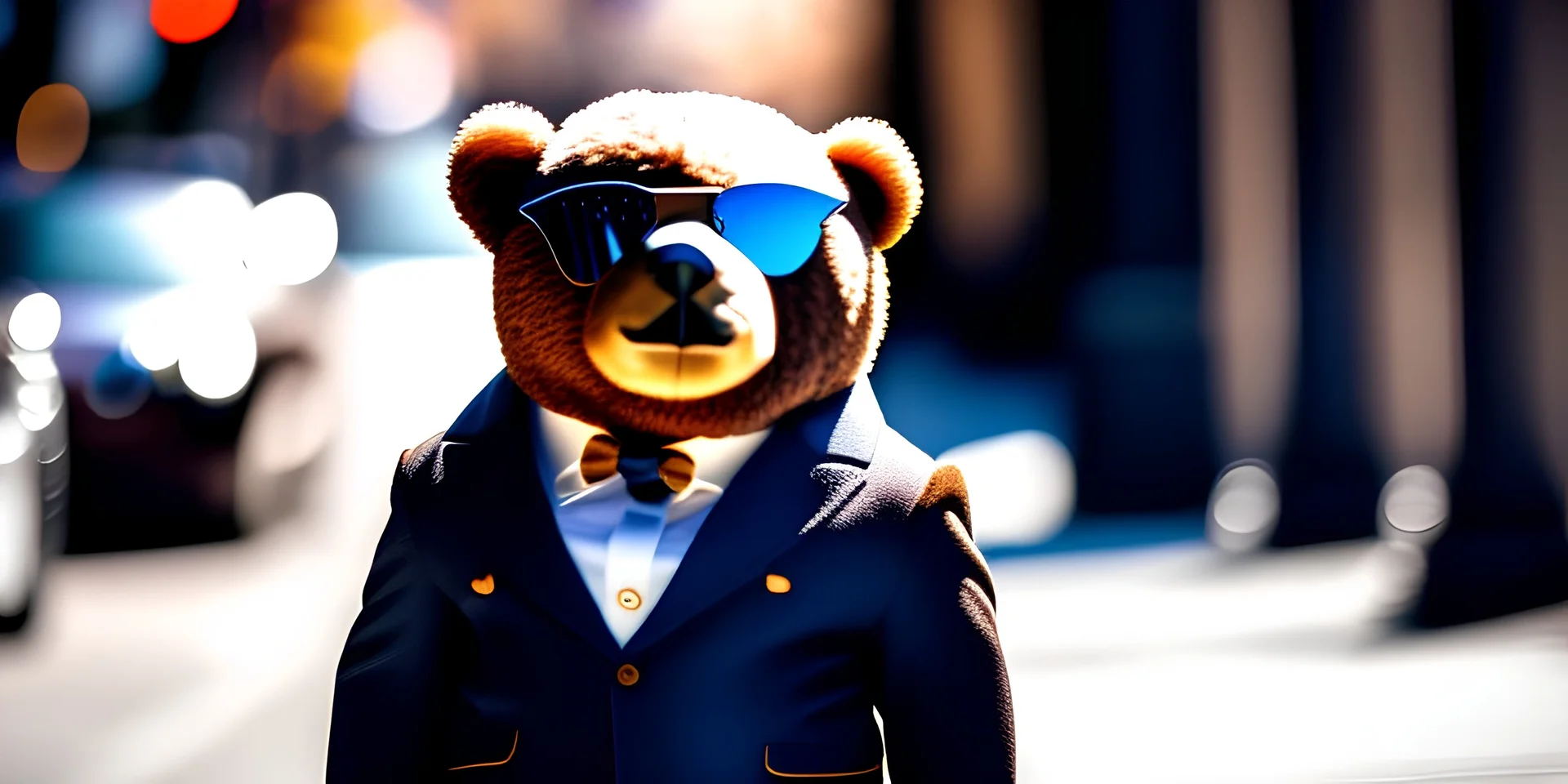 a suave well dressed Teddy bear walking around a city in sunglasses . clarity. High detail. natural tones