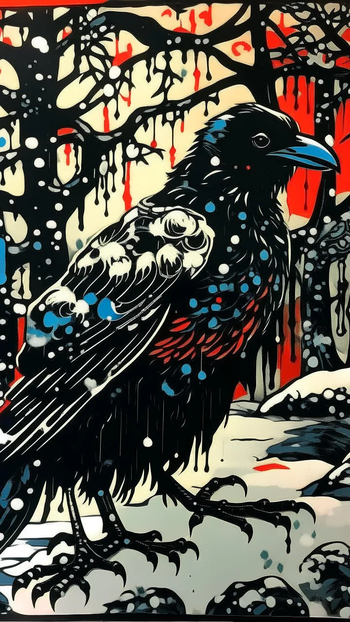 A contemporary serigraphy portrait by Matisse and Kunisada of a crow adorned in a punk leather jacket within a snowy Christmas atmosphere.