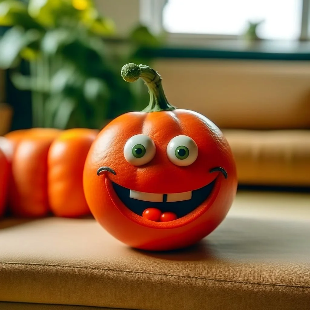 A TOMATO SHE HAS HANDS TWO EYES TWO LEGS A NOSE AND MOUTH SMILING SITTING ON A COUCH