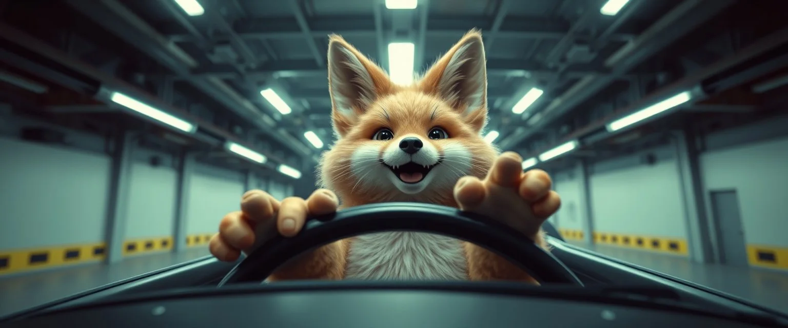 car driving happy 2d fluffy orc fox with human hands in the style of Escher and Giger and Fallout 4, pinhole cam, airbrush 3d rendering, on tv screen:A five-second cinematic single take in a clean industrial presentation hall.