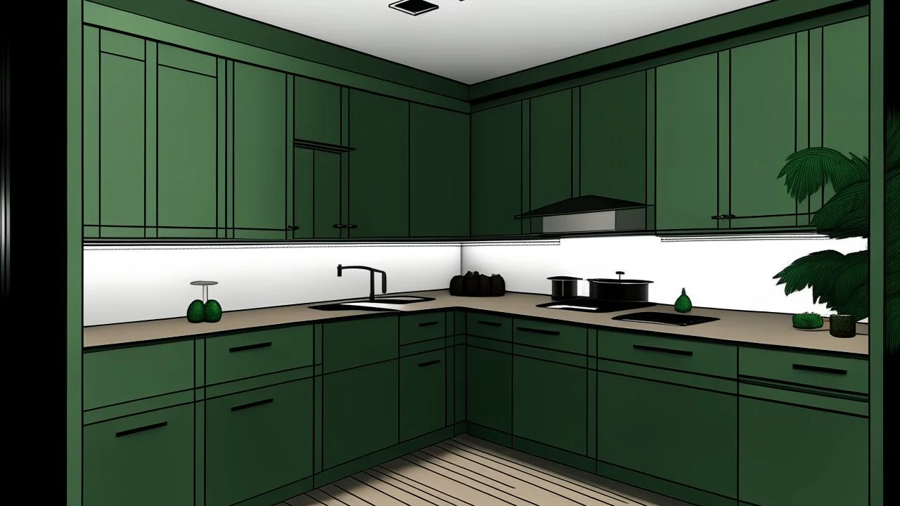 kitchen with dark green furniture, forest wallpaper on a white wall, on the left side next to the window there is a microwave and oven installed in the furniture, and on the right side 5 cm from the induction hob and a kitchen hood above it,