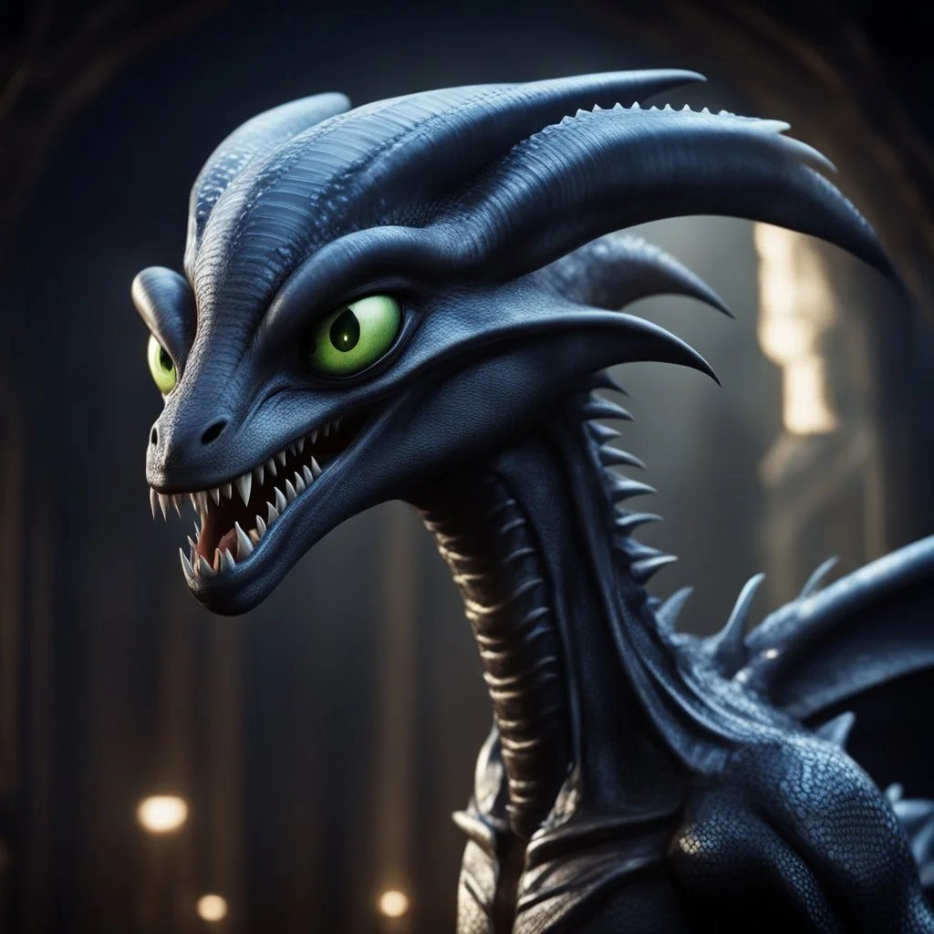 the alien xenomorph as a disney dragon like in "how to train your dragon" with big white eyes and a goofy look on its face