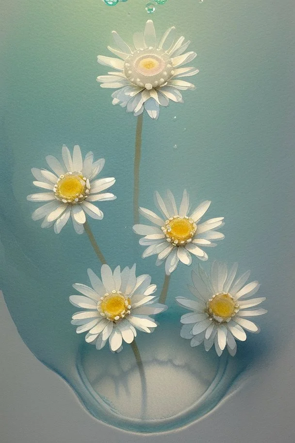 rising bubbles from tiny hole in the floor fills the view with light and pastel shades, intricate detail , light emits from the bottom, many plethora of white daisy's float in the water, watercolours style realistic