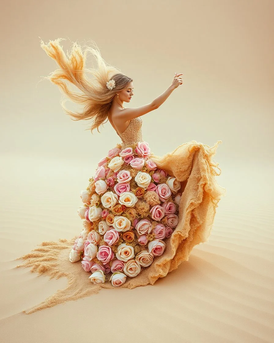 Gorgeous Photography princess dancer, dancing with a prince handsome man on the dune expression, high fashion, long dress made of sand, a swirling whirlwind of sand made of flowers of roses and peonies, fashion, heels, tornado splash made of sand and roses,beautiful, beige, ocher, pink