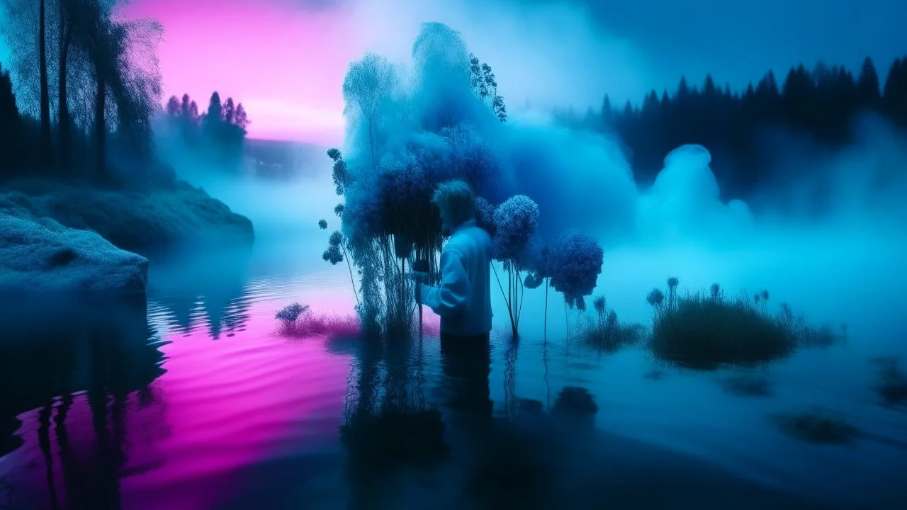 surreal and dreamlike, a trapped journalist celebrate the demise of a florist on a lake, cold blue neon color scheme, scandinavian vibe, diffused pale light, saturated, pastel, dreamy atmosphere, liquid psychedelic