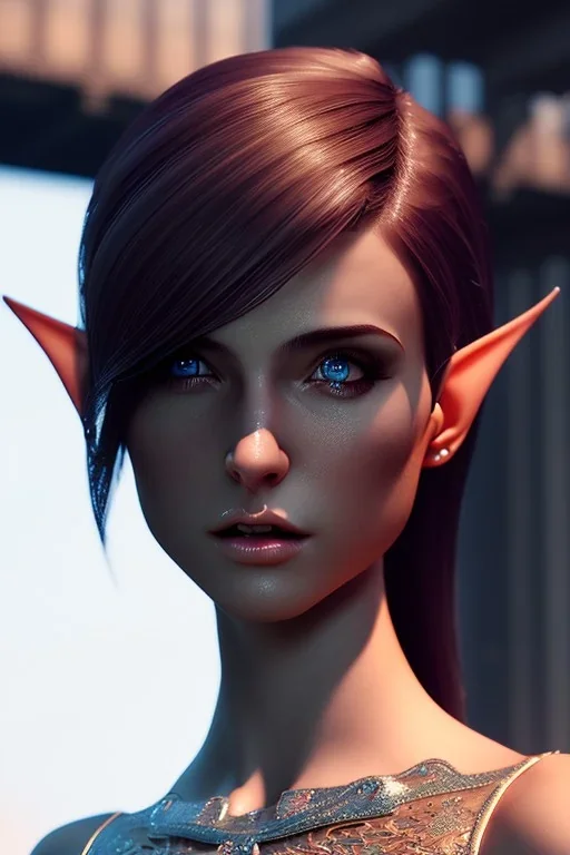 brunette elf, 8k, ultrarealistic, dynamic pose, complete body, LEGS!, triadic colors, intricately detailed, short hair, detailed hair, octane render, dynamic light