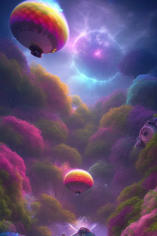 digital illustration, a world full of life divine thrill of biological tranquil sky, flowers, bright color splashes, high detailed 8 k,ufo rainbow