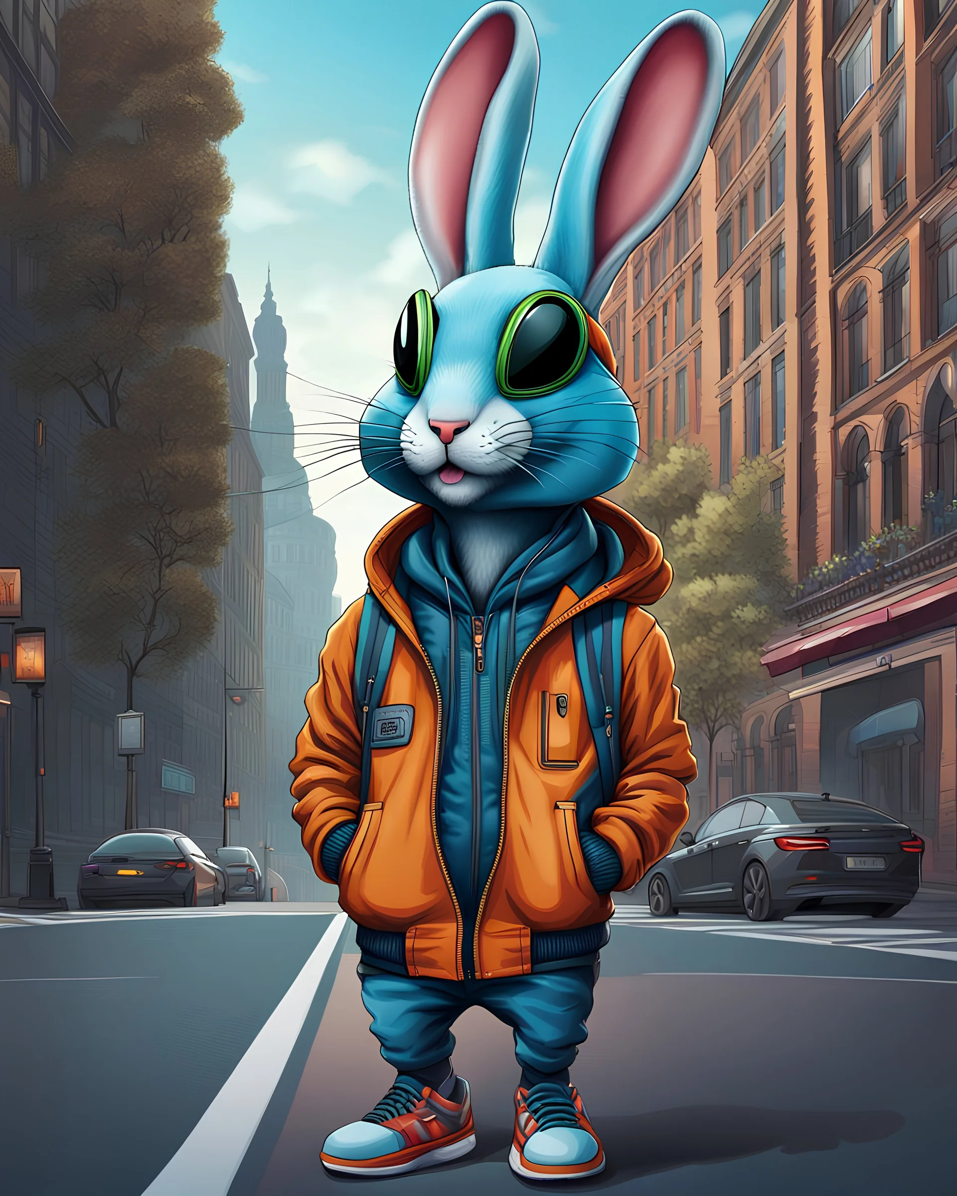 Conejo alienígena antropomorfico con chaqueta, Jens, tennis y gorra en la ciudad, full body, arte vectorial, calidad ultra, hiperdetallado, maximalista, increíble obra de arte, 12k