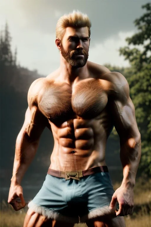 Ignore NSFW, teenager young rugged attractive slightly muscular fantasticly handsome blonde man, red briefs with yellow belt, hairy chest, (((visibly pisssing))) briefs, large erect visible boner peniss, photorealistic, artist Jay Anacleto, soft lighting, scruffy beard