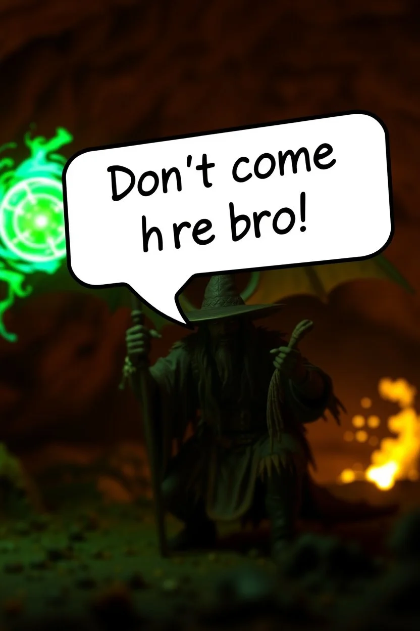 speech bubble in front with weird font saying "Don't come here bro!" fast killer glowing ball closeup femi semi-dragon in background, magic swirl, strong winds, true grit, reggae native stand off fast draw poncho cowboy wizard on knees hurt punching green and blue fire ball whip while taking sight wand slinger, in flame lit cave ,bokeh like f/0.8, tilt-shift lens 8k, high detail, smooth render, down-light, unreal engine