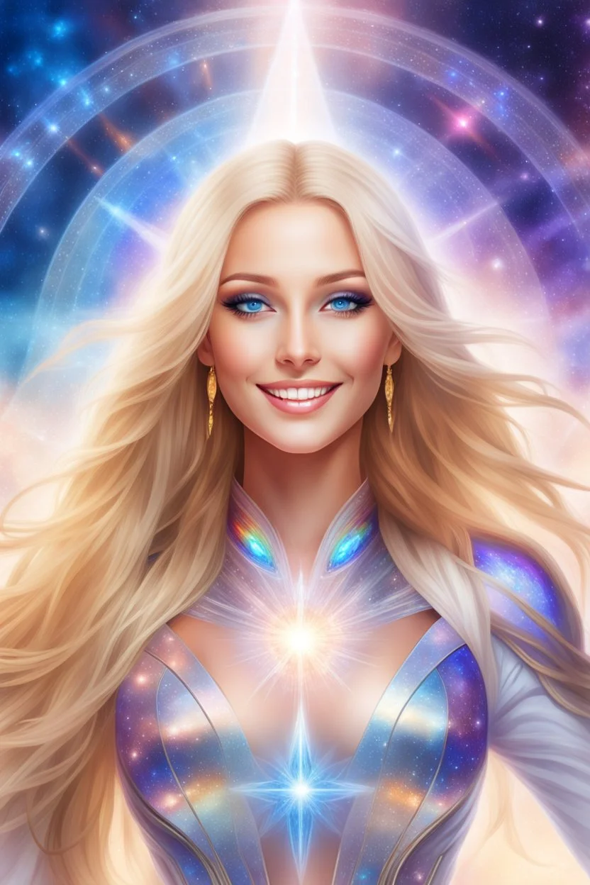 cosmic woman smile,beautiufos rainbow, admiral from the future, galactic confédération, fine whole face, crystalline skin, expressive blue eyes,rainbow, smiling lips, very nice smile, costume pleiadian, Beautiful tall woman pleiadian Galactic commander, ship, perfect datailed golden galactic suit, high rank, long blond hair, hand whit five perfect detailed finger, amazing big blue eyes, smilling mouth, high drfinition lips, cosmic happiness, bright colors, blue, pink, gold, jewels, realist,
