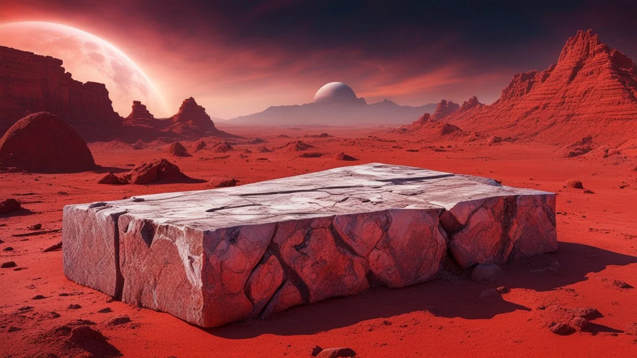 an ancient abstract nonfigurative statue from carved, polished marble blocks lies down on the red Mars planet, background ancient ruins, strange psychedelic sky, cold colors, mystic ancient art, very detailed, cinematic, sharp focus, sci-fi style, utopistic, surreal, psychedelic fantasy