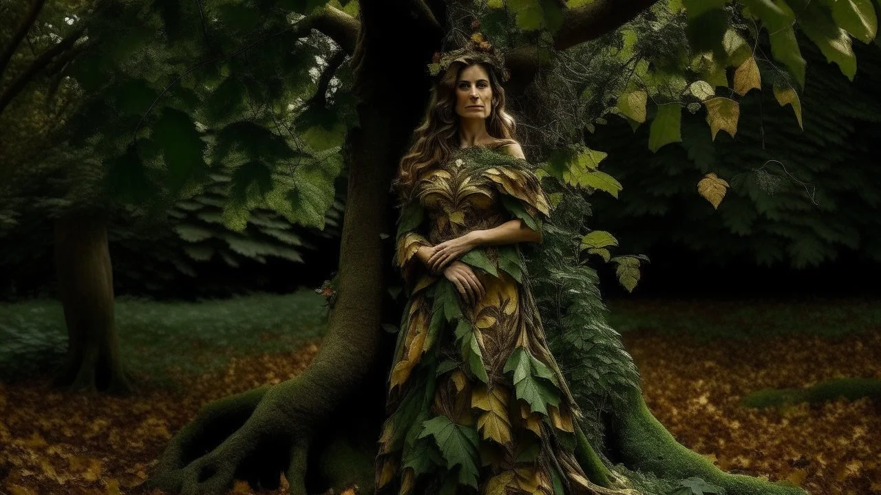 woman in a dress made of leaves, growing out of a tree in a woodland