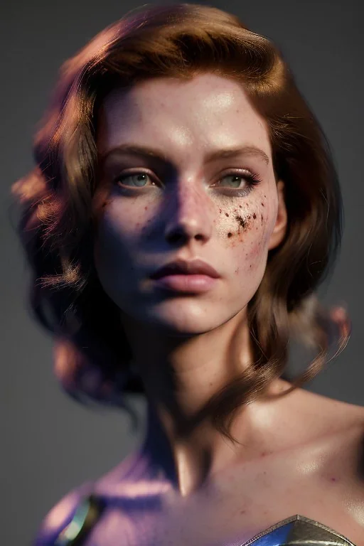 faruzia balk, ultrarealistic, dynamic, concept art, strikingly beautiful (18 year old girl:1.2),_skimpy lost in space armor_, Hair (long ginger:1.1), Face (freckles:1.2), body, medium breasts (heavy cleavage:1.2), tracing, ambient light, highres, (hyperrealistic:1.2), (perfect face:1.1), intricate (high detail:1.1) body, beautiful detailed eyes (emerald:1.3), _camera_, _pose_, plump lips ,sci-fi theme, Model hash: ddc3021b