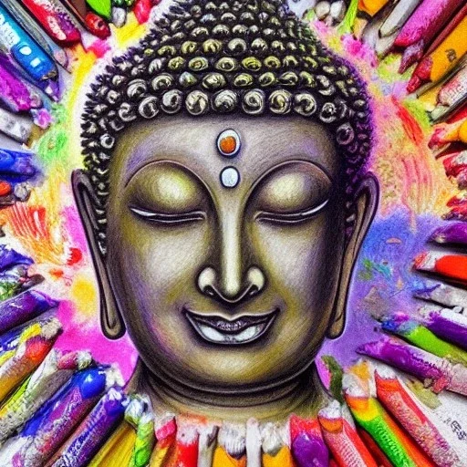 high-quality, fine-detail melted crayon drawing of buddha statue with flowers, artwork, 8k, intricate, detailed, illustration, brian froud, howard lyon, george grie, ben goossens, anna dittman, jeffrey robert, don marco