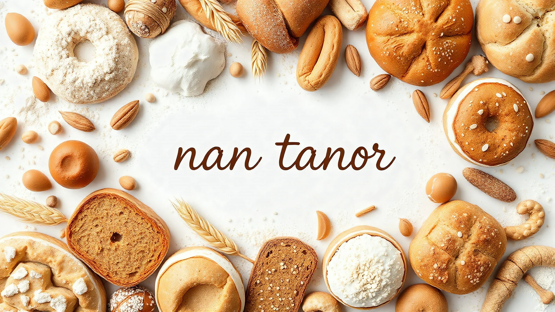 A design full of all kinds of real bread and sweets and decorated with wheat and flour and wheat, barley and sesame seeds and writing (nan tanor) in the center