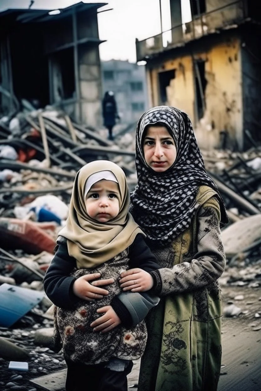 Palestinian girl She wears the keffiyeh and the Palestinian dress Carrying a nude small child ,at winter , Destroyed Buildings , with a Explosions, at night