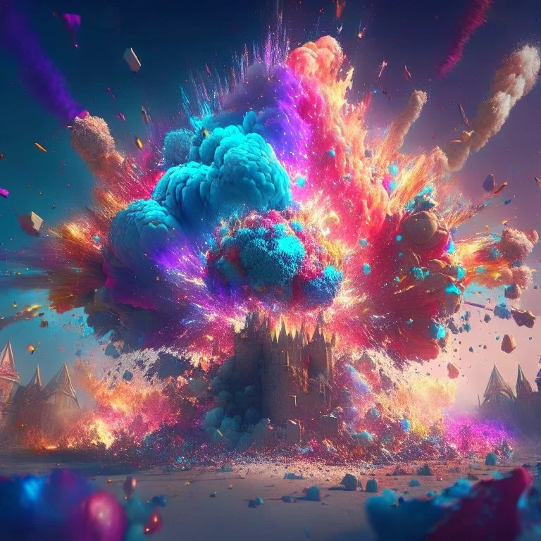 multiple colorful magical explosions destroy a kingdom, 8k resolution, photorealistic, ultra detailed