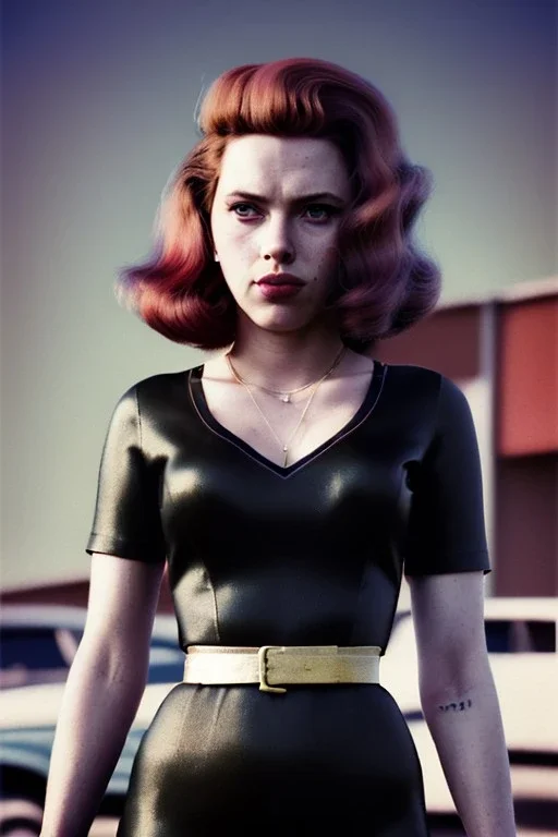 retro portrait image from 1960, supermarket parking explosion, long hair, young Scarlett Johansson, classic black tight lycra suit, gold bracelet and belt, high heel boots, soft color, highly detailed, unreal engine 5, ray tracing, RTX, lumen lighting, ultra detail, volumetric lighting, 3d, finely drawn, high definition, high resolution.