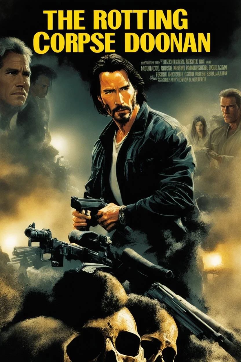 Movie poster -- text "The Rotting Corpse of Jimmy Doonan" starring Keanu Reeves/Sandra Bullock/Arnold Schwarzenegger/Dolph Lundgren/Mel Gibson