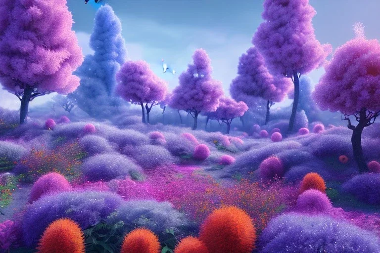 monde en fleurs bleu pink fuksia, concept art, crépuscule , trees bleu pink violet oranger, vibrant Color, réaliste, kwiaty maki rozowe