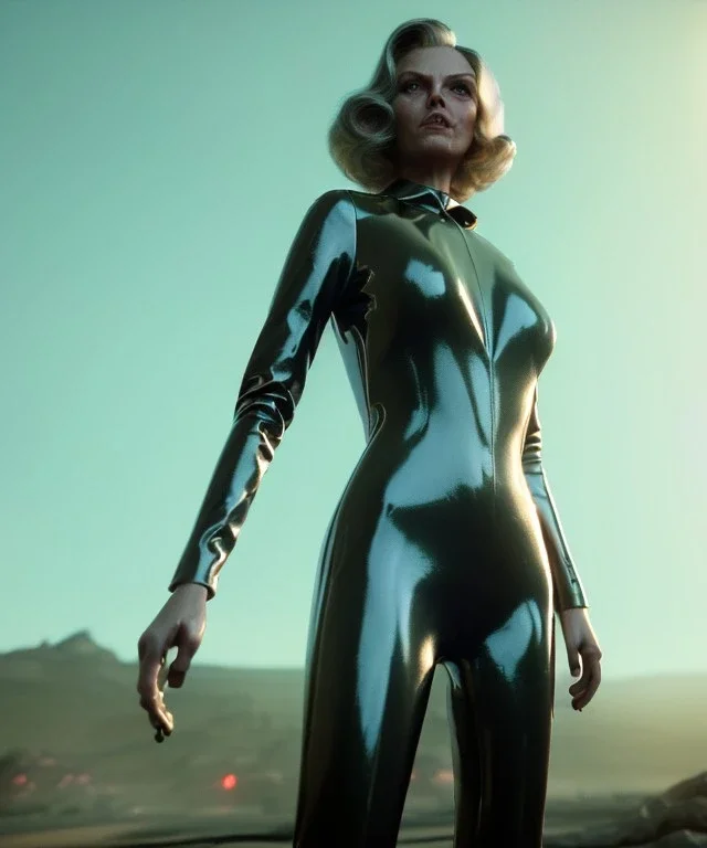 retro sci-fi portrait image from 1980, supermarket parking explosion, fire, scared people, blonde woman walking, Michelle Pfeiffer face, tight latex suit, soft color, highly detailed, unreal engine 5, ray tracing, RTX, lumen lighting, ultra detail, volumetric lighting, 3d, finely drawn, high definition, high resolution.