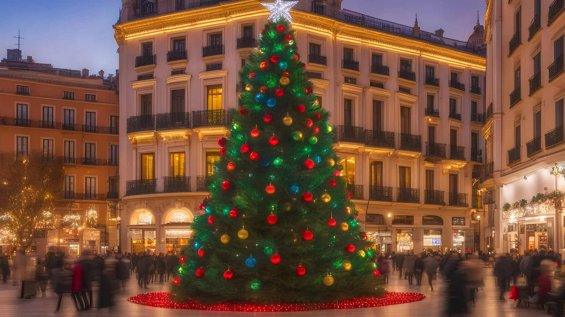 Christmas scene in Plaza del Sol, Madrid, with a giant Christmas tree decorated with colored balls and Christmas lights, with the style of Thomas Kimkade