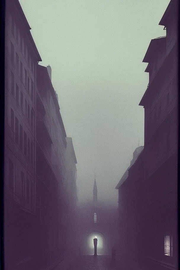 Dark street creepy fog colours strong texture artistic polaroid volumetric light, Yves Tanguy René Magritte Gustav Klimt 8k 3d abstractism