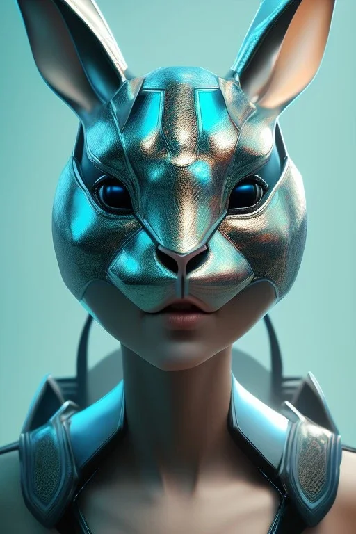 Portrait Sweet Rabbit ceramic mask, black, cyan suit, photo studio, black background, unreal engine 5, concept art, ray tracing, lumen lighting, ultra detail, volumetric lighting, 3d.