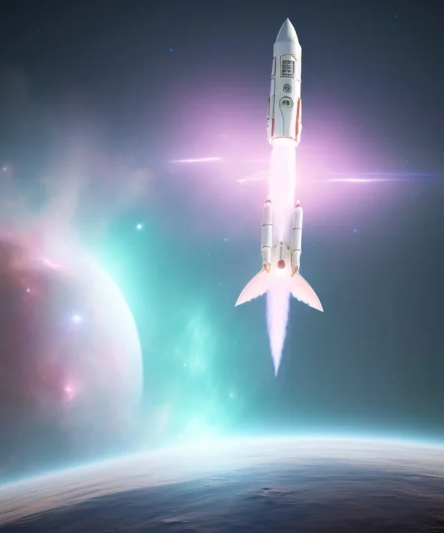 clean modern white rocket flying, beautiful nebula, far shot, 8k, realistic