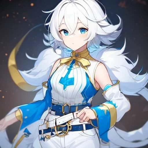 Clear focus, High resolution, rough line sketch art, short fluffy white hair, hair between eyes, fluffy hair, blue eyes, wearing a sleeveless shirt, wearing shorts, detailed outfit, lots of details, bow on belt, white belt, white and blue everywhere on outfit, cut sleeve, yellow chains around outfit