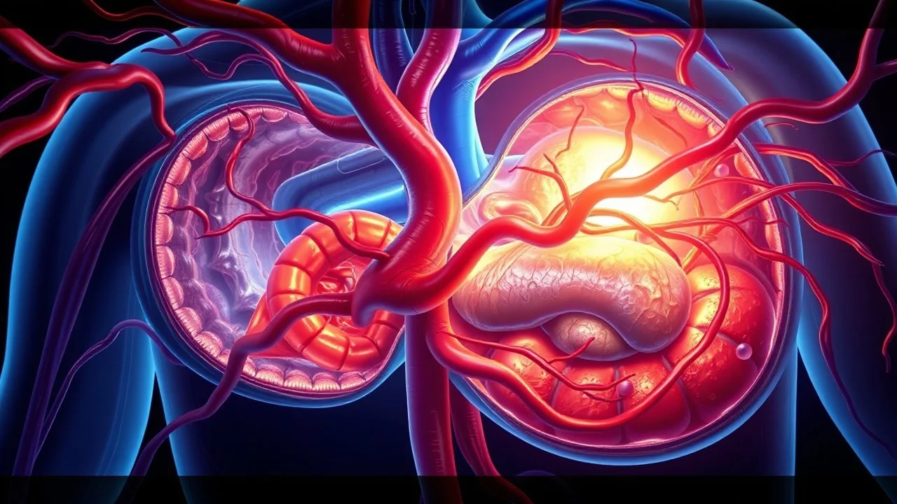 A detailed illustration of the interior of a human organism, intricate anatomical structures, vibrant colors, flowing blood vessels, soft glowing light, in the style of medical illustration