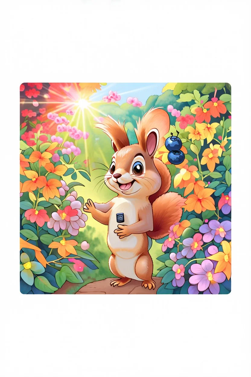 The friendly squirrel holds a blueberry excitingly in the air, the sunlight shining on the blueberry, colorful garden background , child book illustration style, faces must be the same as reference image