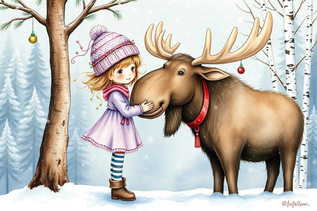 an enchanting illustration Watercolor, Alcohol Ink, Of little girl with short wind blown hair, knit hat with many strands of hair coming through her hat, tiny tinsel and beads through hair, silk lavender and pink dress, striped stockings, boots, stick tree with hanging ornaments from branches, scene is the girl hugging a moose with a red collar around his neck, snowflakes falling from the sky misty evergreen and birch tree background, Wintery Scape