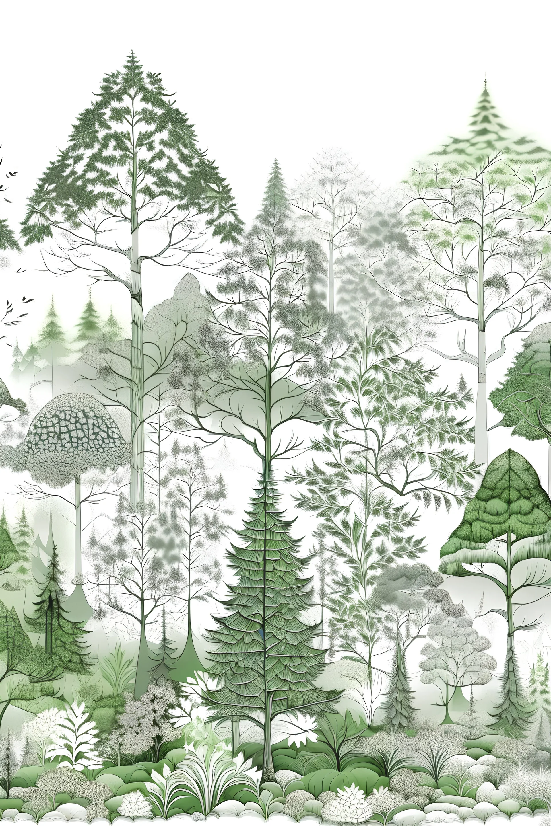 forest in green and gray on a white background in baroque style