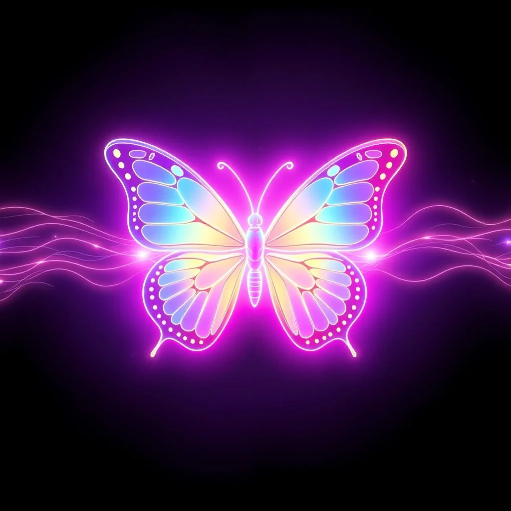 Holographic Vaporwave Glitch, pastel, 3D, light line art, butterfly, glowing