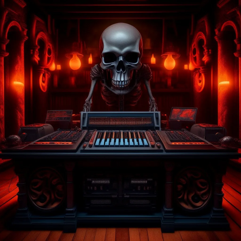 DJ of the damnded, insanely detailed DJ booth in hell, MID set, speakers and equipment made of bone, anatomically correct, add more skulls in th audience, photorealism, vray, 8k 3d https://stablecog.com/generate?o=a67b60e0-edd2-418d-9744-d1d585055d7f