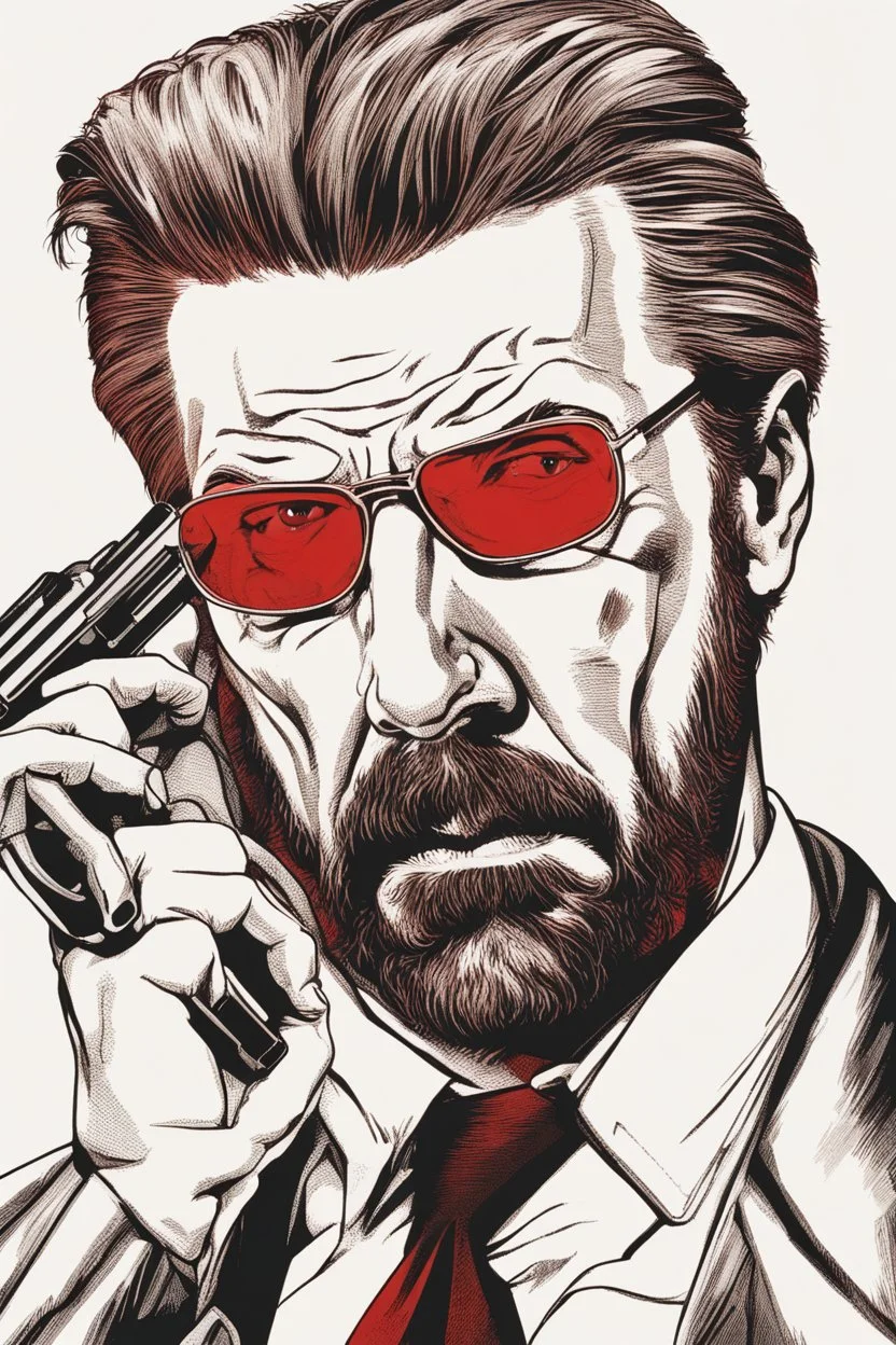 a tough badass, angry Hans Gruber wearing solid red glasses