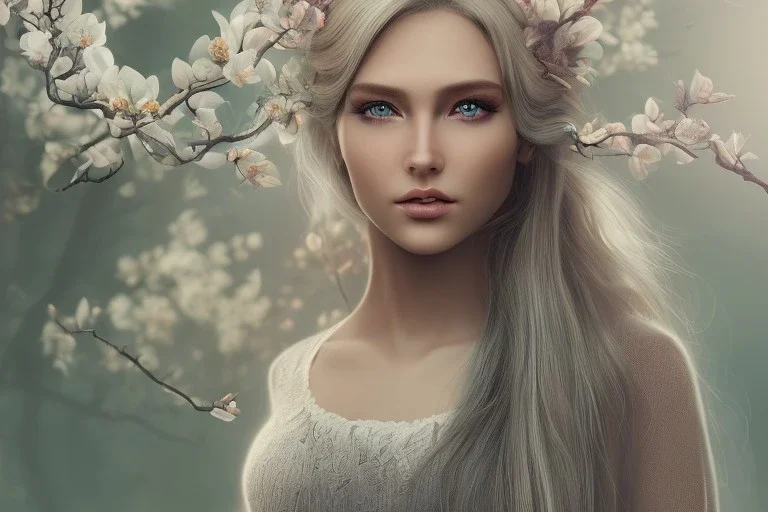 femme long cheveux blond yeux bleus , 8k resolution, flower magnolia, beautifulhijab portrait, 8k resolution, flower head and body, beautiful