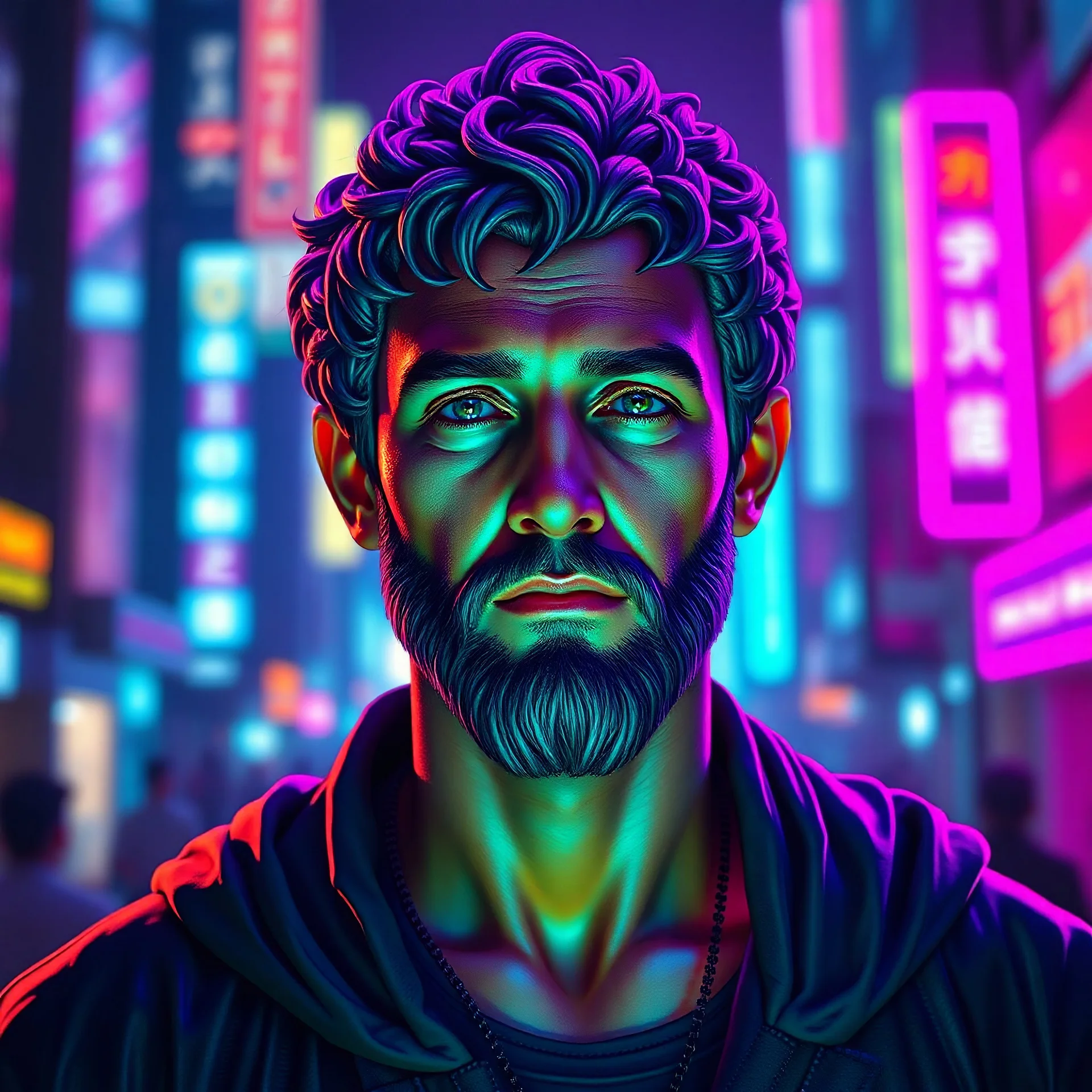 A hyper-realistic, photorealistic full-body portrait cyberpunk Marcus Aurelius with a hopeful facial expression but still relaxed face. The scene is illuminated by neon lights in bright, saturated colors like electric blue, neon pink, and vivid purple. The background is a blurred cityscape filled with glowing signs and holograms, adding to the cyberpunk atmosphere