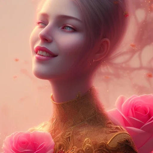 red rose beautiful girl smile,utra realistic,highly detailed, gold, pink, jewels, lace, masterpiece, delicate detailed, sharp focus, insanely detailed, fantasy art, intricate detailed, elegant, fog, Special Lighting, Vibrant, color Scheme, forest, unreal engine 5, trending on artstation